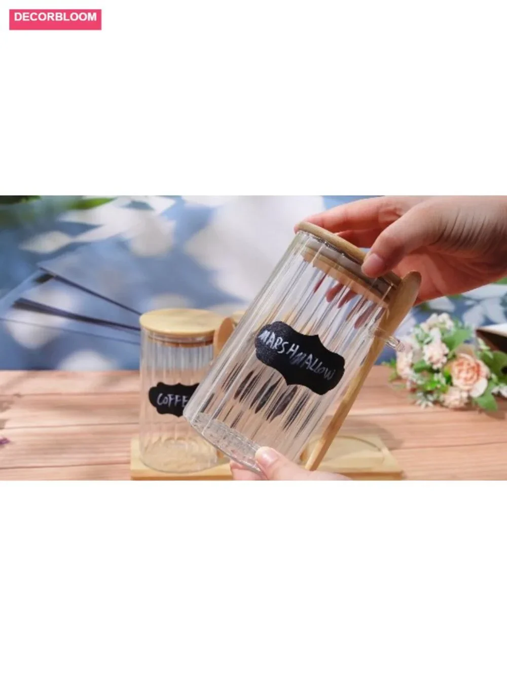 Set of 3 Glass Coffee Canister with Bamboo Lids & Spoons, Airtight Food Storage